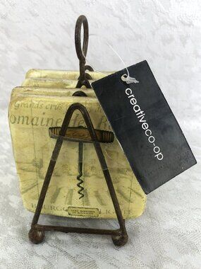 Creative Co-Op Corkscrew Artwork Resin Coasters (Set of 4) with Metal Stand NWT